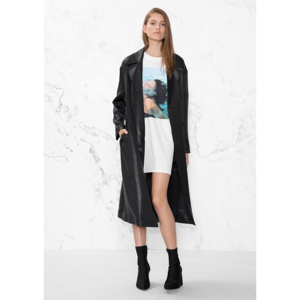 & Other Stories Button Front Belted Trench Coat in Reflective Shiny Black Size 4